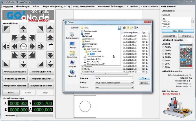 Obrazovka ovládacího programu CNC Studio